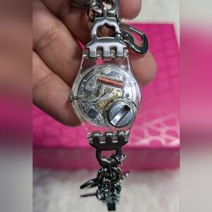 Swatch Silver and Red Heart Charm Watch